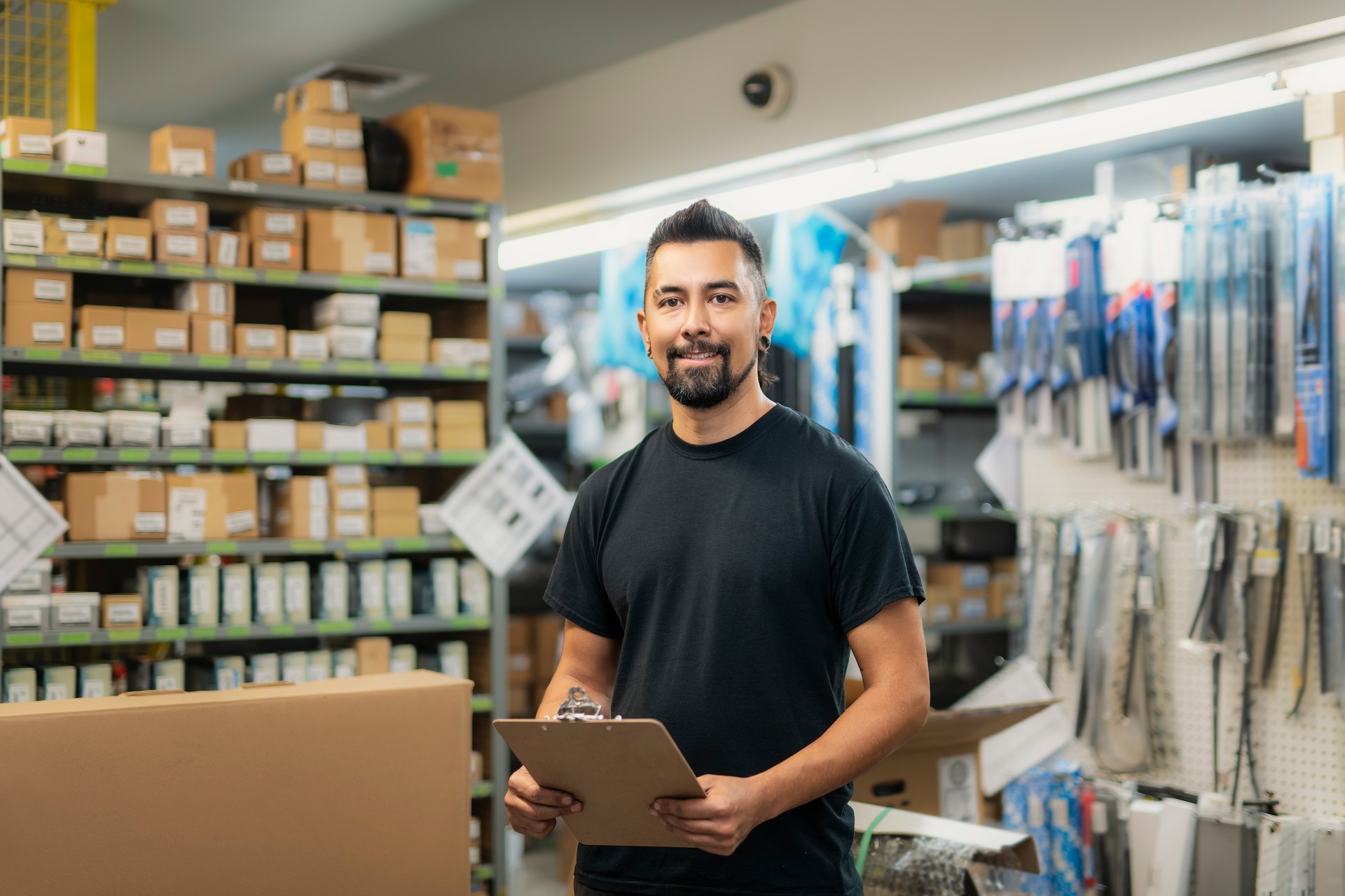 merchandiser checking products availibility for car repair